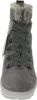 A close-up, front-facing view of a gray suede boot with faux fur trim and dark gray laces. Produktbild-Vorschau