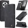 A collage of images showing a black flip phone case from different angles, including one with cards and cash inserted. Produktbild-Vorschau