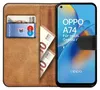 A book-style phone case for an OPPO A74 4G, showing the inside with cards and cash, and the phone screen displaying marketing text. Anteprima dell’immagine prodotto