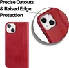 A red flip case for an iPhone 13 Mini is shown, with a close-up inset highlighting the precise cutouts and raised edge protection. Náhľad obrázku produktu