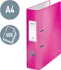 A pink metallic Leitz lever arch file is shown against a light gray circular background, with two circular icons on the left indicating A4 size and 600 sheets capacity. Náhled obrázku produktu