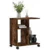 A wooden side table with shelves and wheels, decorated with a vase of flowers, a diffuser, books, and a lantern. Podgląd zdjęcia produktu
