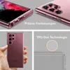 A collage of images showcasing a transparent phone case on a pink smartphone, with close-ups and feature highlights. Produktbild-Vorschau