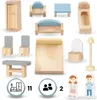 A collection of wooden dollhouse furniture and figures arranged on a white background. Produktbild-Vorschau