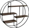 A round, black metal wall shelf with four wooden shelves, displayed against a white background. Voir les images du produit