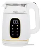 A white electric kettle with a digital display and gold accents, shown in a studio setting against a white background. Produktbild-Vorschau