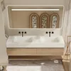A modern bathroom vanity with double sinks, a large LED mirror, and wooden drawers, set against a neutral background. Anteprima dell’immagine prodotto