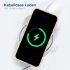A smartphone is wirelessly charging on a charging pad, with a charging animation displayed on the screen. Produktbild-Vorschau