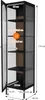 A black display cabinet with glass doors and shelves, shown with dimensions and measurements. Podgląd zdjęcia produktu
