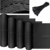 A close-up view of black privacy screen rolls and a bundle of black zip ties.