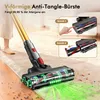 A person using a cordless vacuum cleaner on a carpeted floor, with close-up insets showing how to use the brush head. Produktbild-Vorschau