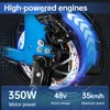 Close-up of an electric scooter's motor and brake system with marketing text and specifications. Produktbild-Vorschau