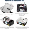 A collage of four images showing the steps to change the saw blade on a mini table saw. Produktbild-Vorschau