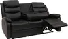A black leather recliner sofa with a cup holder in the middle, shown from a slight angle with one side reclined.