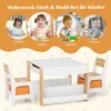 Collage of children using a table and chairs set for various activities like learning, eating, playing, and drawing, with the actual product shown below. Produktbild-Vorschau