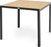 A square outdoor dining table with a slatted wood-look top and a black metal frame, shown against a white background. Produktbild-Vorschau