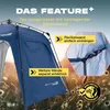 A blue tent side panel with promotional text and a close-up of the tent's fastening mechanism. Voir les images du produit