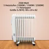 A white oil-filled radiator is shown on a wooden floor against a light peach wall. Text describing the product's specifications is overlaid at the top. Podgląd zdjęcia produktu