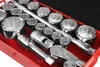 A close-up view of a red metal toolbox filled with a 21-piece socket wrench set. Produktbild-Vorschau