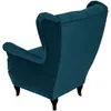A teal velvet wingback armchair is shown from the back and side, resting on dark wooden legs. Náhled obrázku produktu