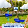 A swing set with blue seats in a garden setting, with graphic overlays indicating adjustability. Produktbild-Vorschau