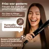 A woman is smiling and holding a black hair straightener. Text overlays describe the product's features. Náhľad obrázku produktu