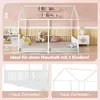 A children's house bed with two mattresses, a teddy bear, and pillows, set in a room with shelves and a nightstand. The image is divided into sections, with a main view of the bed and two close-up views of the bed frame. Produktbild-Vorschau