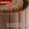 Close-up view of brown plastic fence elements, with a logo and text overlay. Produktbild-Vorschau