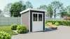 A garden shed with double doors, set in a backyard with a fence, lawn, bushes, and a lounge chair. Produktbild-Vorschau