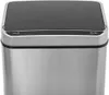 Close-up of the top of a stainless steel automatic trash can with a black lid and control panel. Produktbild-Vorschau