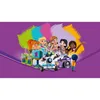A group of LEGO Friends characters are gathered around a robot, a car, and other accessories, with colorful brush strokes in the background. Voir les images du produit