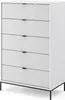 A white chest of drawers with a ribbed front and black legs, shown from a three-quarter angle against a white background. Podgląd zdjęcia produktu