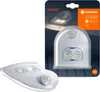 A product package for a LEDVANCE door LED downlight with a sensor, shown with the product itself in the foreground and the packaging in the background. Voir les images du produit