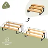 Collage showing a 3-tier bamboo shelf with black metal legs, including a close-up and a diagram with dimensions. Voir les images du produit
