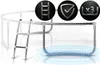 A close-up view of a trampoline frame with a ladder, highlighting features with icons. Produktbild-Vorschau