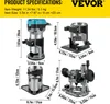 A collage of images showing different parts and dimensions of a woodworking router. Podgląd zdjęcia produktu