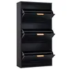A black shoe cabinet with three flip-down doors, each with a wooden handle. Podgląd zdjęcia produktu