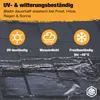 Close-up of a dark, textured surface, likely a roof, with a black repair tape applied. Three circular icons with text below them highlight product features: UV resistance, waterproof, and frost resistance. Produktbild-Vorschau