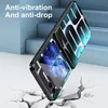 A phone case is shown in a dynamic pose, suggesting it is protective against drops and vibrations. The background features abstract stairs and cracked ground. Produktbild-Vorschau