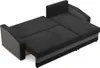 A sectional sofa is shown in an open, unfolded state, revealing its sleeping function. The sofa is dark gray and black. Produktbild-Vorschau