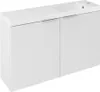 A white bathroom vanity with two doors and a sink on top, shown from a diagonal angle against a white background.