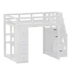 A white loft bed with stairs and drawers, shown against a white background. Produktbild-Vorschau