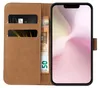 A brown leather flip case for a smartphone, with a credit card and banknotes inserted. Produktbild-Vorschau