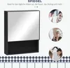 A product image showcasing a black bathroom cabinet with a mirror, accompanied by circular lifestyle images of people using mirrors for makeup, shaving, and hair styling. Náhled obrázku produktu