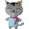 A stuffed cat toy with a striped shirt and a polka dot scarf. Produktbild-Vorschau