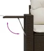 Close-up of a brown poly rattan sofa armrest with a white cushion and a pull-out table mechanism. Podgląd zdjęcia produktu
