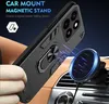 A hand holding a black phone case with a magnetic ring stand, positioned near a car's air vent with a magnetic car mount. Produktbild-Vorschau