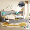A child's bedroom with a grey daybed and trundle, decorated with a lion rug and wall shelves. Podgląd zdjęcia produktu