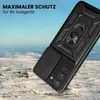 A black phone case with a ring holder is shown in a snowy, outdoor environment. Produktbild-Vorschau