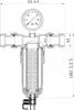 A technical drawing of a water filter with dimensions and a pressure gauge. Produktbild-Vorschau